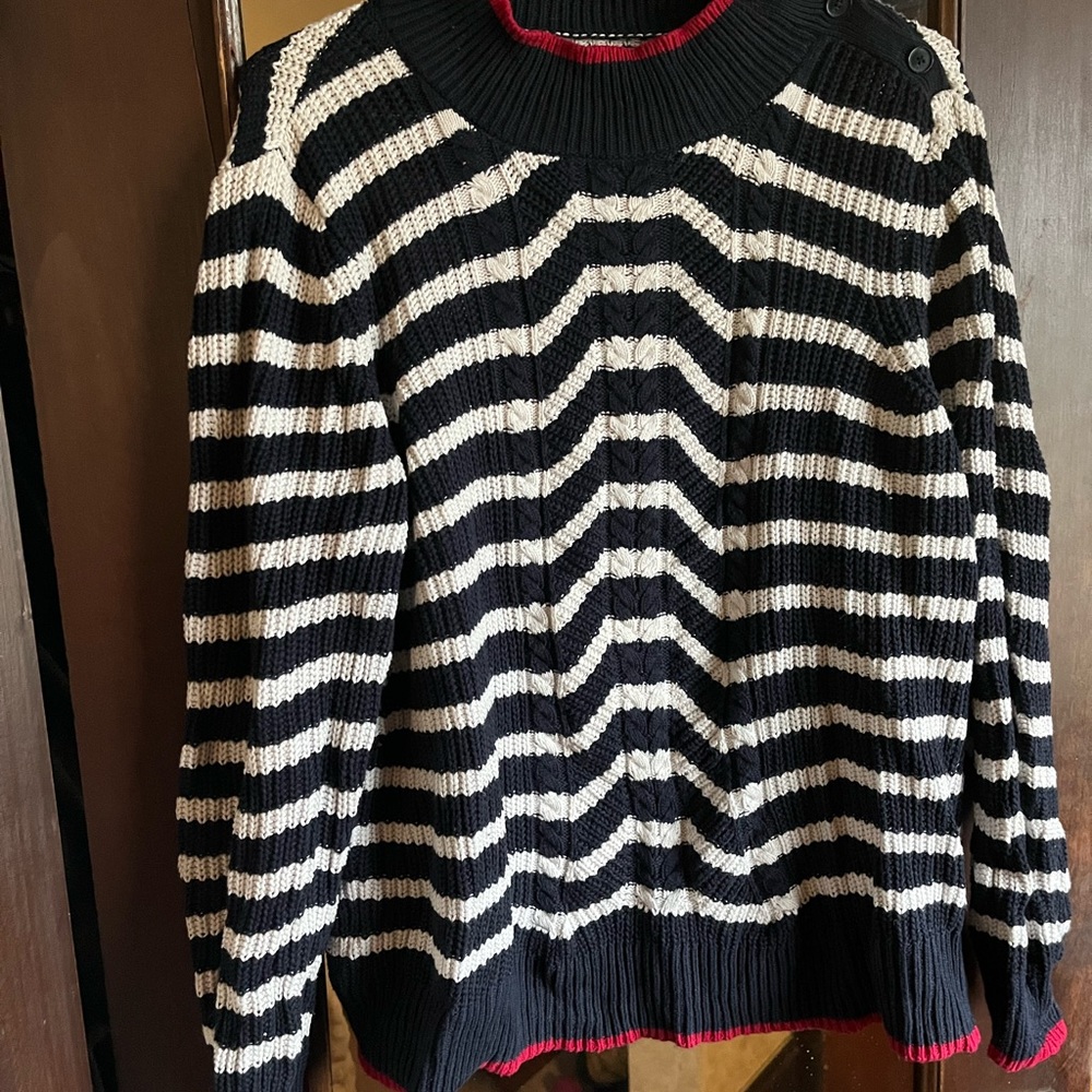Loft mock neck navy and white stripe sweater with red trim and cable knit detail